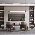 Modern Restaurant Interior Design With Dining Table Chairs Hanging Lights And Wine Racks 3d model