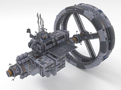 Sci fi Space Station With Large Circular Structure And Mechanics 3d model