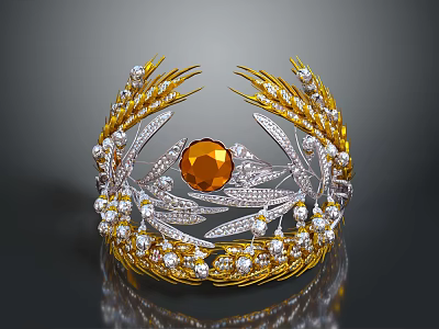 Elegant Ornate Crown With Golden Wheat Orange Gemstone And Silver Leaves Decorated With Diamonds 3d model