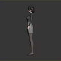 Woman With Black Short Hair High Neck Top Gray Skirt Long Stockings And High Heels