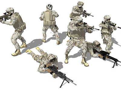 Game And Movie Soldier Characters In Camouflage Uniforms With Weapons And Various Poses 3d model