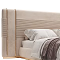 Elegant Modern Double Bed Featuring Upholstered Vertical Striped Headboard Gold Trim and White Bedding