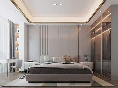 Modern Bedroom Interior Design With Large Bed Wardrobe Nightstand And Decorative Rug 3d model