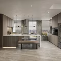 Modern Open Concept Restaurant Kitchen With Island Counter Pendant Lights And City View