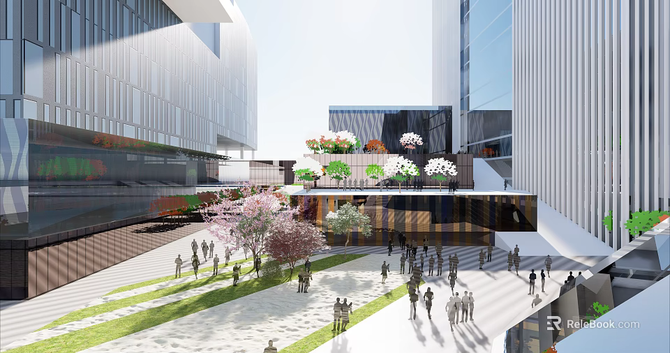 Modern Architectural Open Plaza With People Walking Trees Flowers And Glass Buildings 3d model 