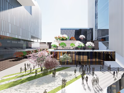 Modern Architectural Open Plaza With People Walking Trees Flowers And Glass Buildings 3d model