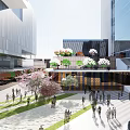 Modern Architectural Open Plaza With People Walking Trees Flowers And Glass Buildings