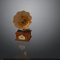 Vintage Gramophone With Brass Horn Wooden Base Vinyl Record And Decorative Details