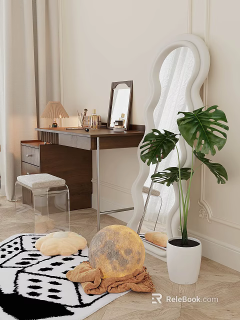 Wooden Dressing Table With Mirror Table Lamp Clear Stool And Monstera Plant On Marble Floor 3d model 