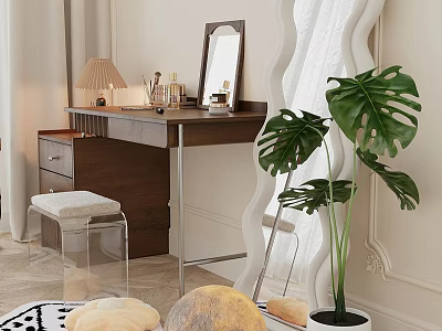 Wooden Dressing Table With Mirror Table Lamp Clear Stool And Monstera Plant On Marble Floor 3d model