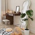 Wooden Dressing Table With Mirror Table Lamp Clear Stool And Monstera Plant On Marble Floor