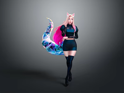 Pink Haired Cat Ears Anime Game Character With Colorful Tail In Black Outfit 3d model