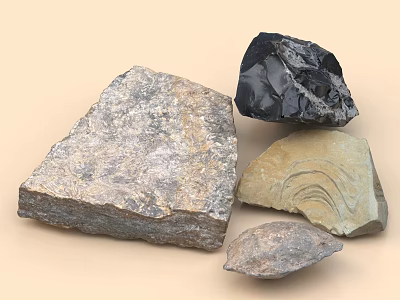 Various Shapes And Colors Of Natural Stones With Textured Surfaces On Beige Background 3d model