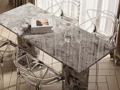 Modern Dining Table Set With Marble Top Transparent Chairs And Tabletop Books Water Jug Glasses 3d model