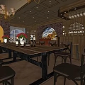 Rustic Bar Interior With Wooden Wine Racks Chandeliers Long Table And Bar Stools 3d model
