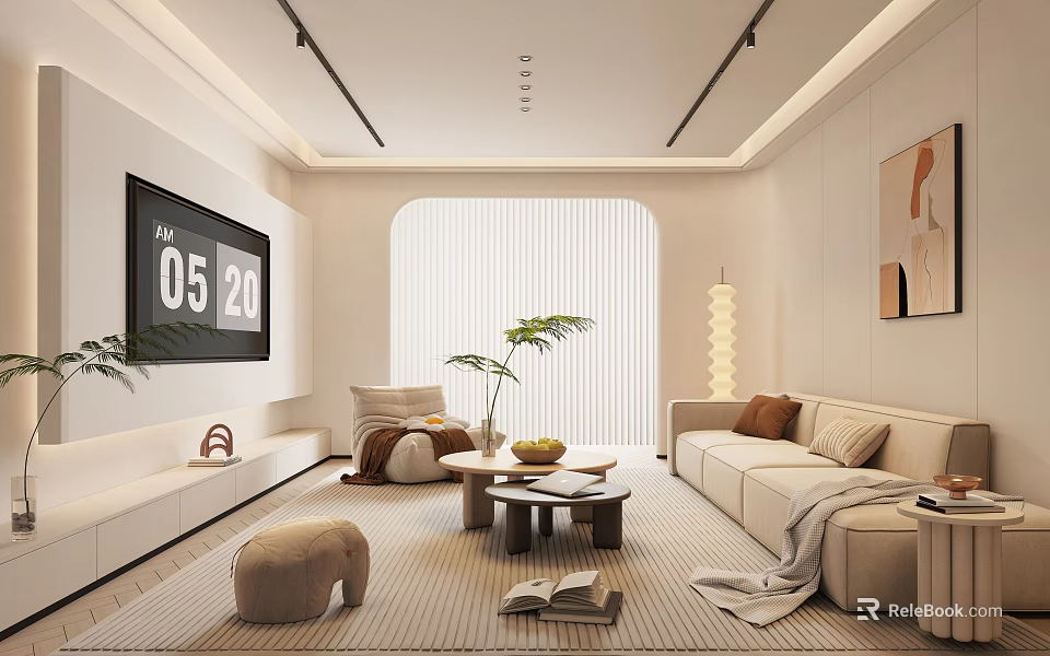 Modern Living Room Interior With Light Sofa Coffee Table TV Plants And Area Rug 3d model 