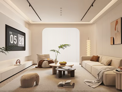 Modern Living Room Interior With Light Sofa Coffee Table TV Plants And Area Rug 3d model