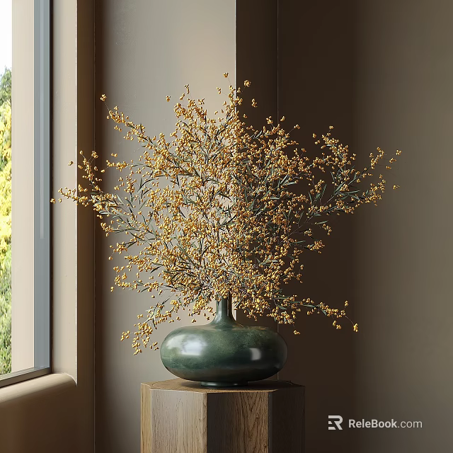 Green Ceramic Vase With Yellow Blooming Branches By Window Light Colored Wall And Outdoor Greenery 3d model 