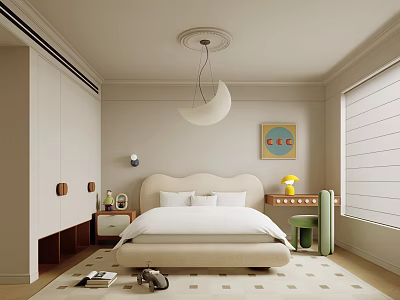 Kids Room Interior Design With Moon Pendant Light Bed Cabinet Desk Chair And Decorative Art 3d model