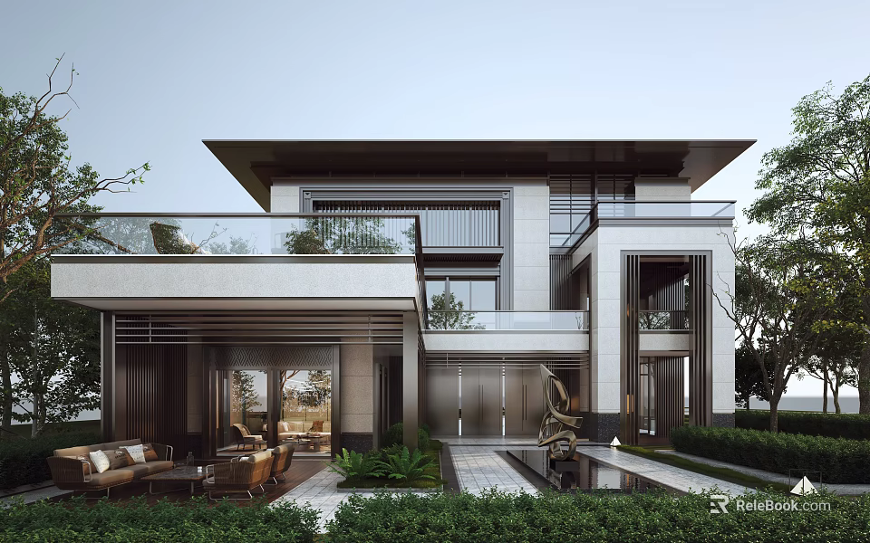 Modern Single-family Villa Exterior Design With Flat Roof Large Windows And Courtyard Greenery 3d model 