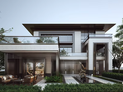 Modern Single-family Villa Exterior Design With Flat Roof Large Windows And Courtyard Greenery 3d model