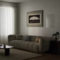 Multi person Cream Sofa With Decorative Pillows Black Coffee Table White Curtains And Wall Art