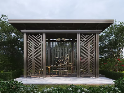 Modern Chinese Style Pavilion With Metal Lattice Screens Roof And Greenery Surrounding Table Chairs 3d model