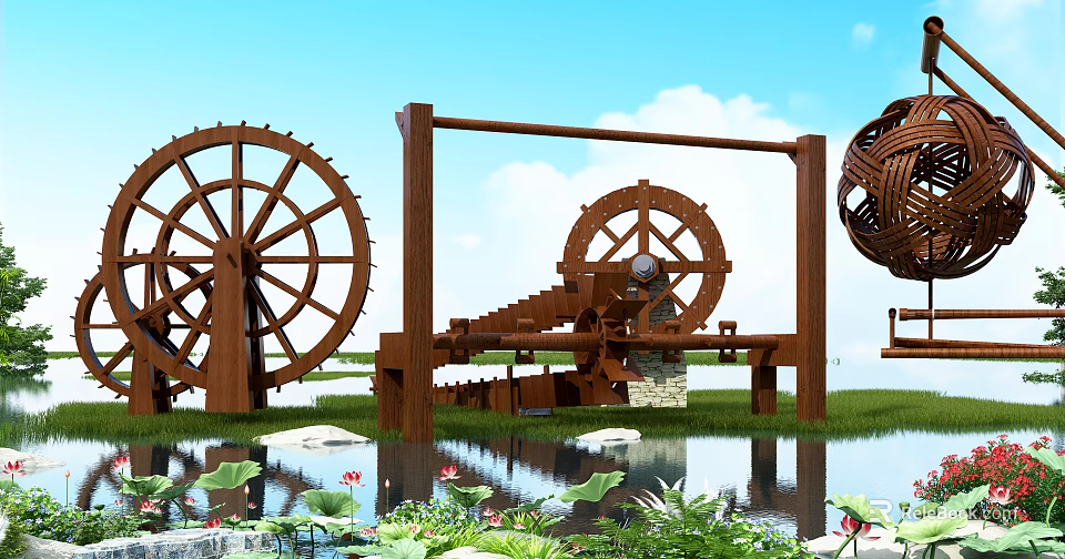 Garden Decorative Elements with Wooden Water Wheels Pond Lotus Flowers and Green Plants 3d model 