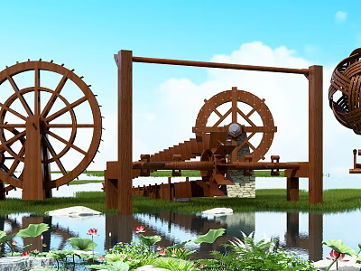 Garden Decorative Elements with Wooden Water Wheels Pond Lotus Flowers and Green Plants 3d model