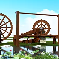 Garden Decorative Elements with Wooden Water Wheels Pond Lotus Flowers and Green Plants