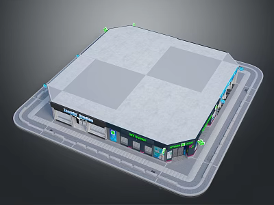 Modern Shopping Center Exterior Design With Gray Roof Multiple Storefronts And Glass Entrances 3d model