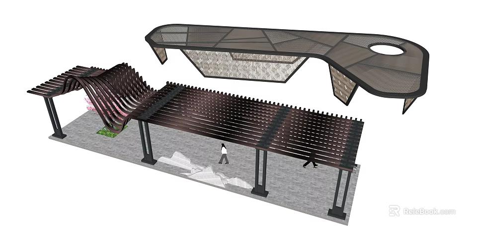 Modern Pergola Design With Geometric Metal Roof Structure For Outdoor Walkway Space 3d model 