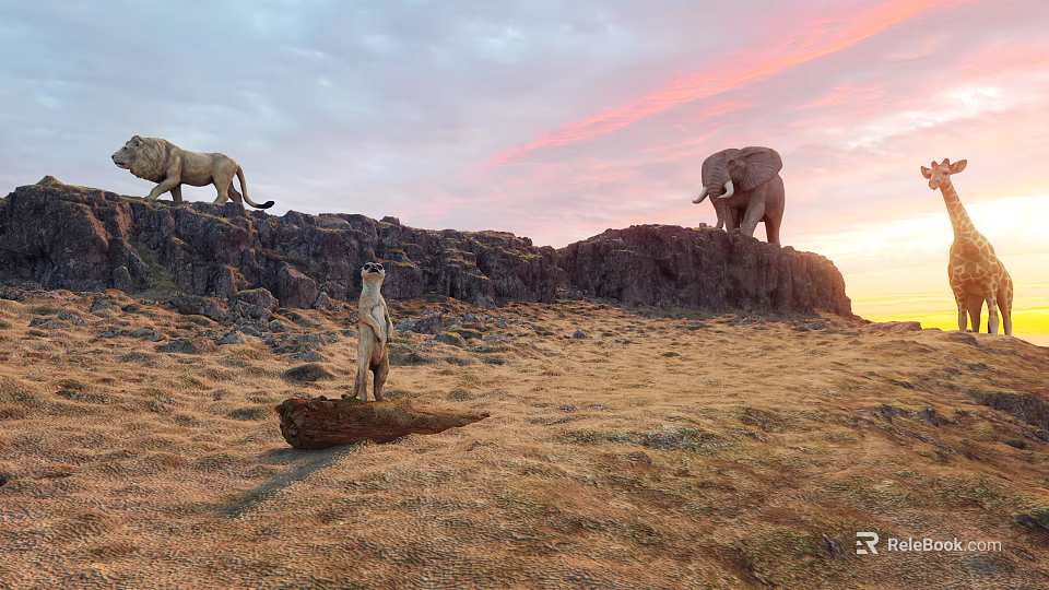 Savanna Sunset Scene With Reptile Lizard Standing On Wooden Log 3d model 