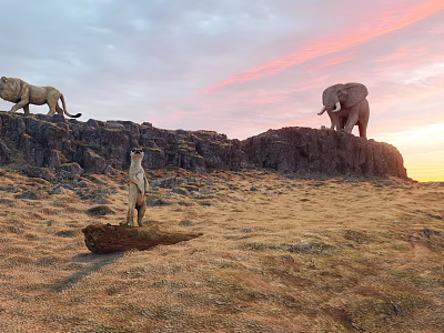 Savanna Sunset Scene With Reptile Lizard Standing On Wooden Log 3d model