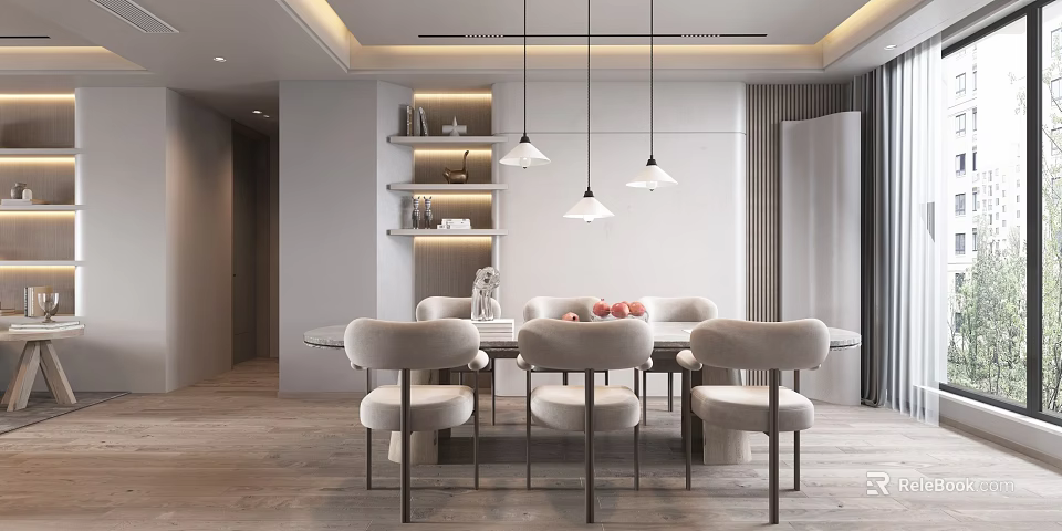 Modern Restaurant Interior Design With Dining Table Chairs Pendant Lights And Decorative Shelves 3d model 