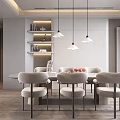 Modern Restaurant Interior Design With Dining Table Chairs Pendant Lights And Decorative Shelves