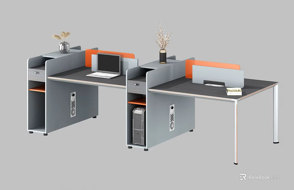Modern Office Desk Partition with Gray Orange Design Drawers CPU Compartments and Decorative Plants 3d model 