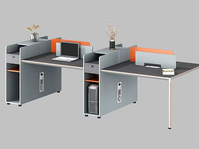 Modern Office Desk Partition with Gray Orange Design Drawers CPU Compartments and Decorative Plants 3d model
