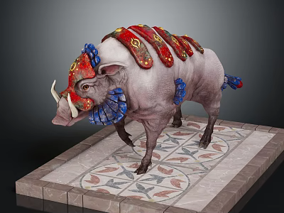 Fantasy Decorated Boar With Red Gold Armor Blue Ornaments White Tusks On Patterned Stone Platform 3d model