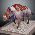 Fantasy Decorated Boar With Red Gold Armor Blue Ornaments White Tusks On Patterned Stone Platform