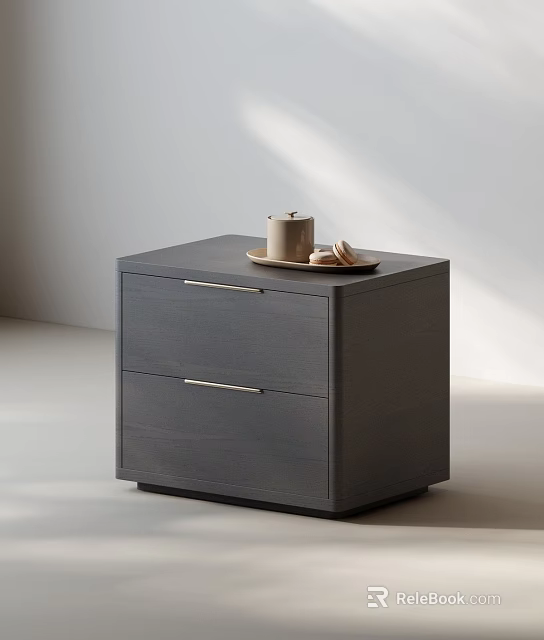 Gray Two Drawer Nightstand with Metal Handles Topped with Tray Cup Cookies 3d model 