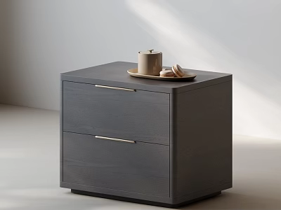 Gray Two Drawer Nightstand with Metal Handles Topped with Tray Cup Cookies 3d model