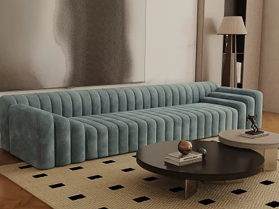 Three Seater Light Blue Ribbed Sofa Modern Living Room With Black Coffee Table And Rug 3d model