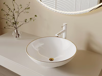 Bathroom Vanity With Round White Sink Gold Rim Green Plant Glass Vase Round Illuminated Mirror 3d model