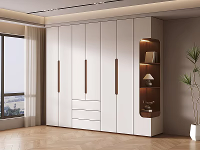 Modern White Wardrobe Interior With Drawers Display Niche And Wooden Accents 3d model