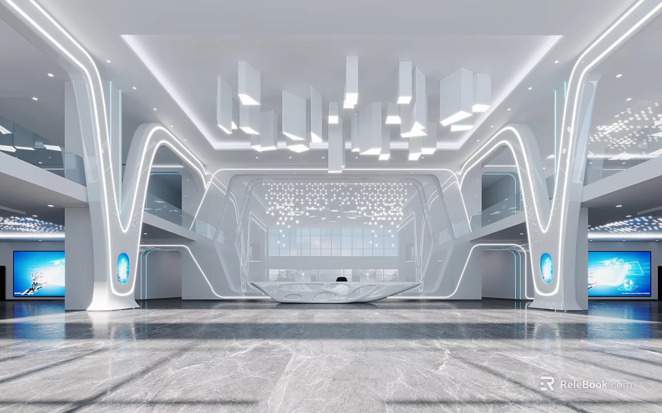 Futuristic Reception Area With Curved White Lines Hanging Lights Marble Floor And Blue Accent Lights 3d model 