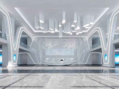 Futuristic Reception Area With Curved White Lines Hanging Lights Marble Floor And Blue Accent Lights 3d model