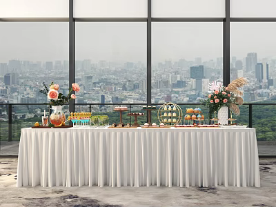 Elegant Buffet Table With White Tablecloth Flowers Drinks And City View Through Windows 3d model