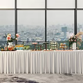 Elegant Buffet Table With White Tablecloth Flowers Drinks And City View Through Windows 3d model