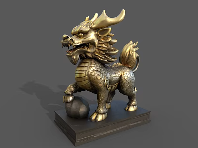 Ornate Golden Qilin Sculpture Carving With Decorative Ball And Base 3d model